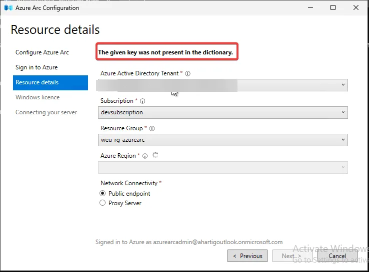 Azure Arc Configuration - The given key was not present in the dictionary