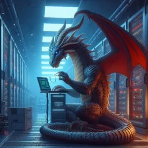 A dragon IT Architect in the shadowrun world, sitting in a datacenter and checking the automatic installation using UniGetUI on a Windows server 2019 screen