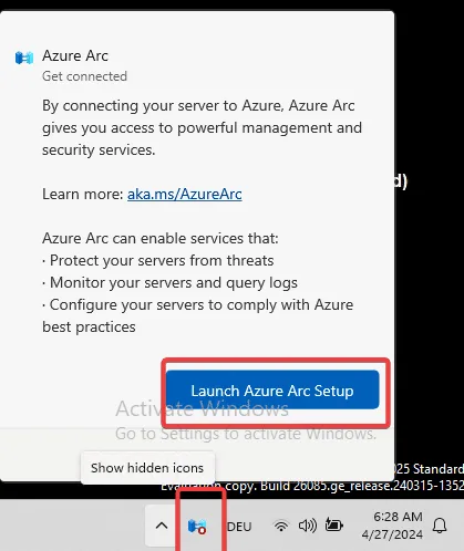 Start Azure Arc Setup on Windows Server 2025