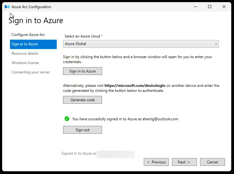 Sign in to Azure for Azure Arc Setup on Windows Server 2025