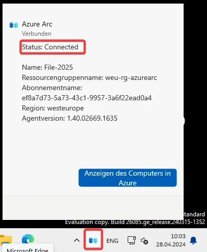 Azure Arc Connection Status on Windows Server 2025