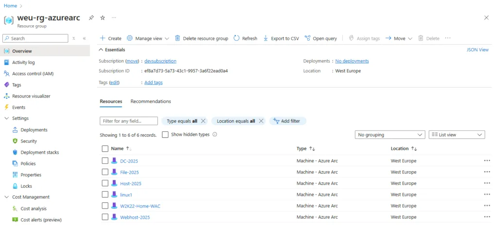 My test environment enabled for Azure Arc