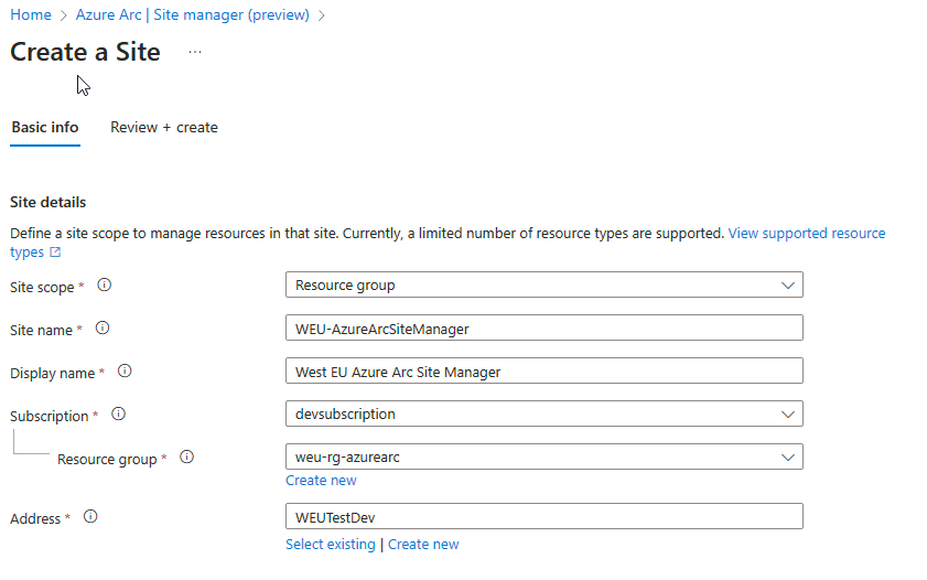 Azure Arc Site Manager "Create a Site" Wizard