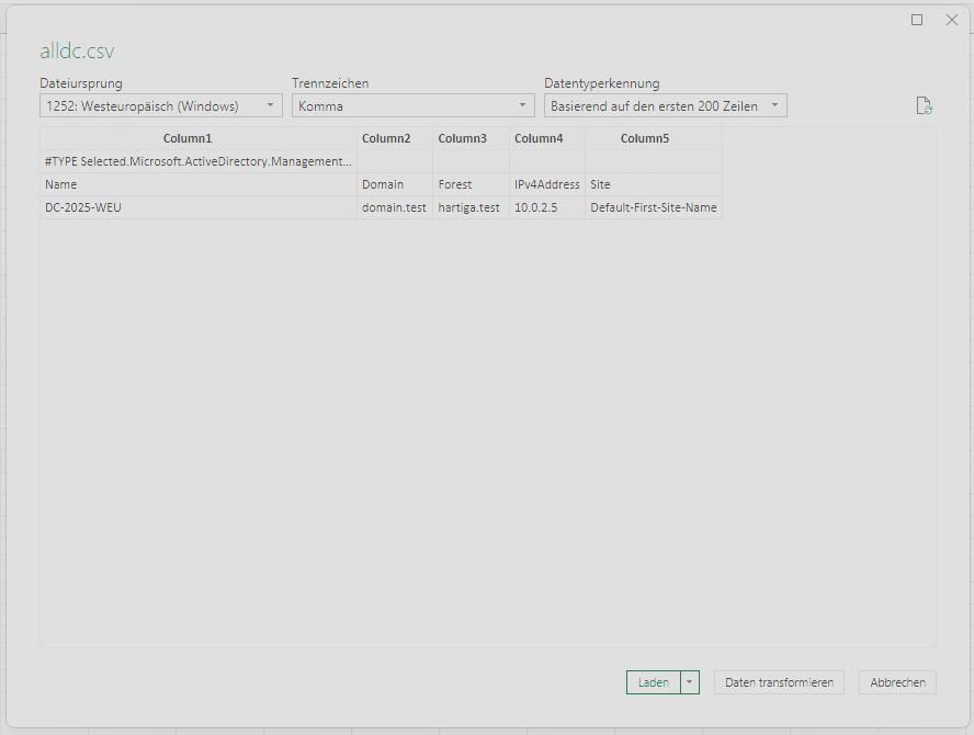 Import the list of all domain controllers to Excel