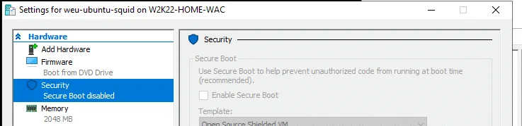 Disable Secure Boot for the test lab environment.