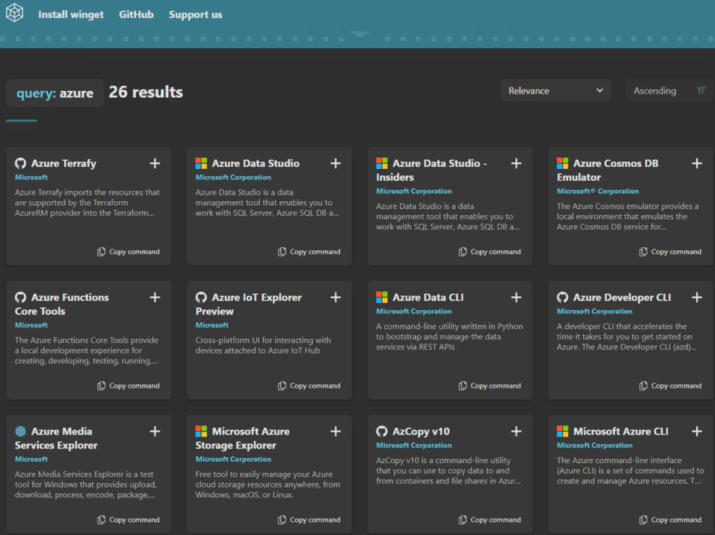 Winget.run doing a search / query for products related to azure