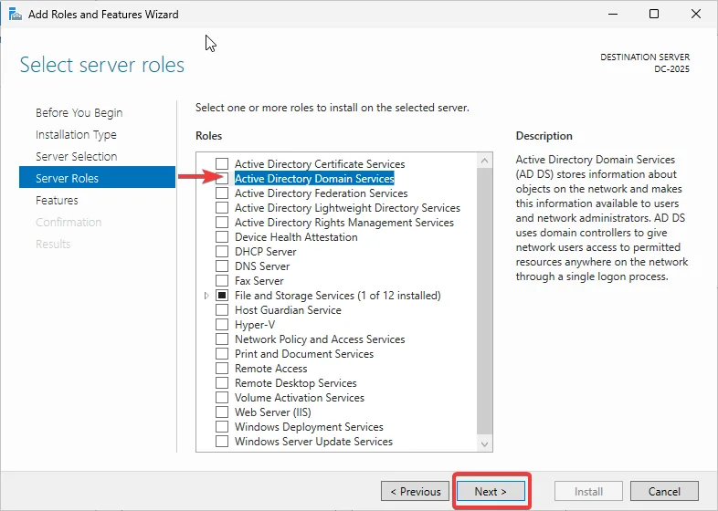 Server Selection - Select "Active Directory Domain Services"