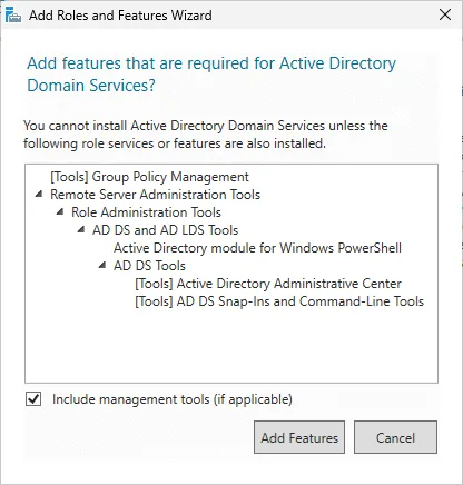 Server Selection - Select "Active Directory Domain Services" - Click Add Features