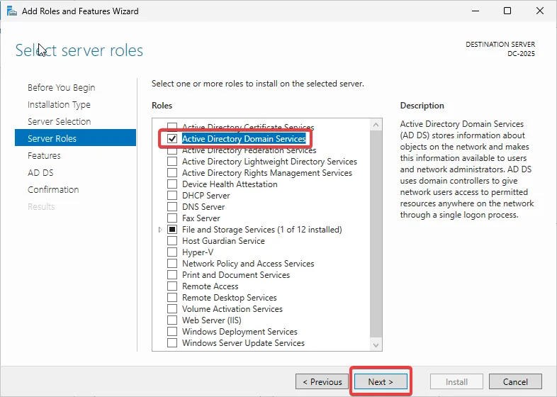 Server Selection - Select "Active Directory Domain Services" - Click Next