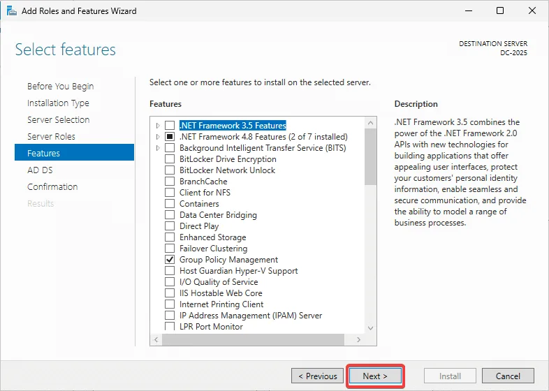 Features - Click Next