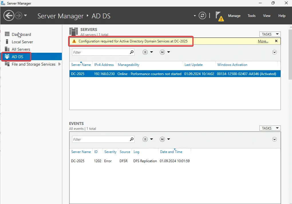 Server Manager AD DS - Configuration warning