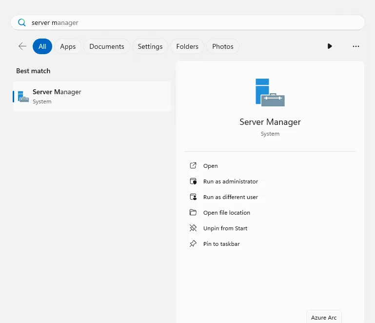 Open Windows Server 2025 Server Manager in Startmenu