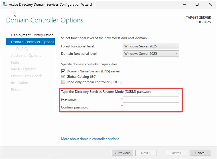 Domain Controller Options - Keep the default and enter your DSRM password