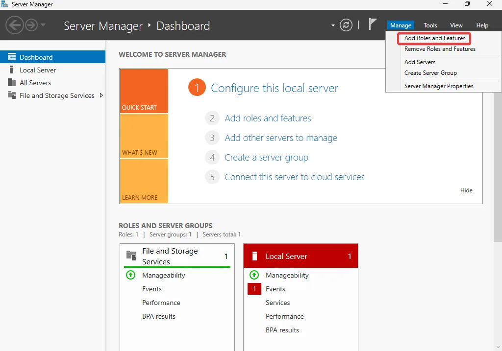 Open Add Roles and Features on Windows Server 2025 Server Manager