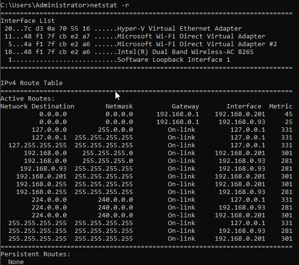 Windows Routing Table using netstat -r
