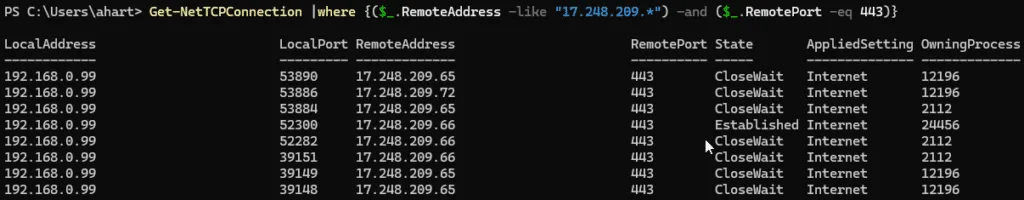 Powershell Get-NetTCPConnection with filter