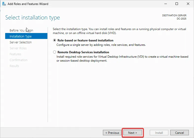 Role-based or feature based installation - Click Next