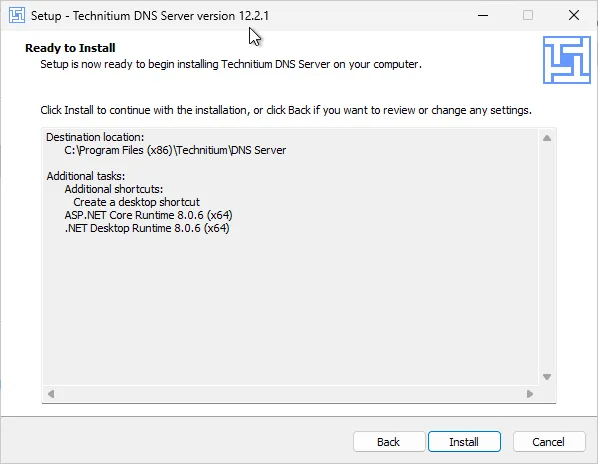 Technitium Setup on Windows Screen #4 - click install