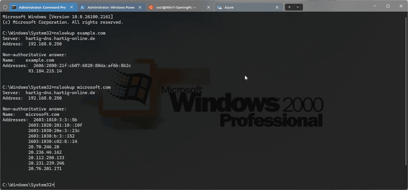 nslookup example.com and nslookup microsoft.com