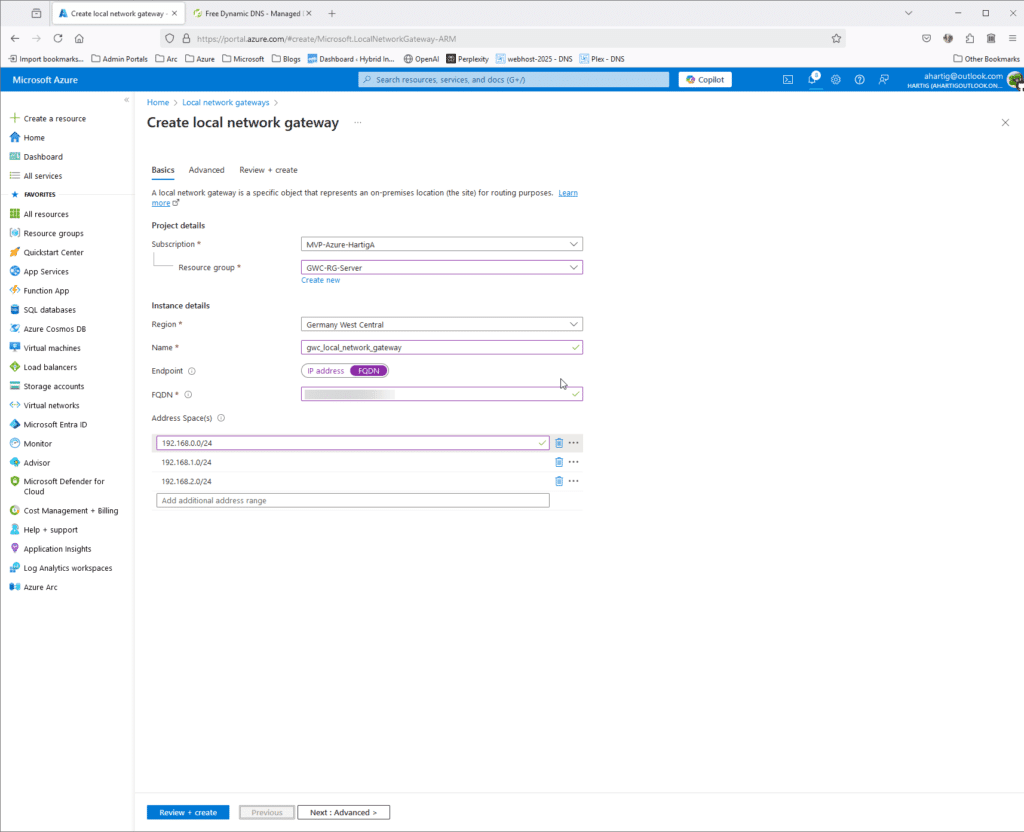 Create Azure local network gateway with FQDN