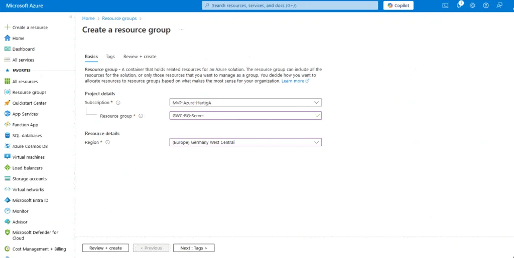 Create Azure Resource Group GWC RG Server
