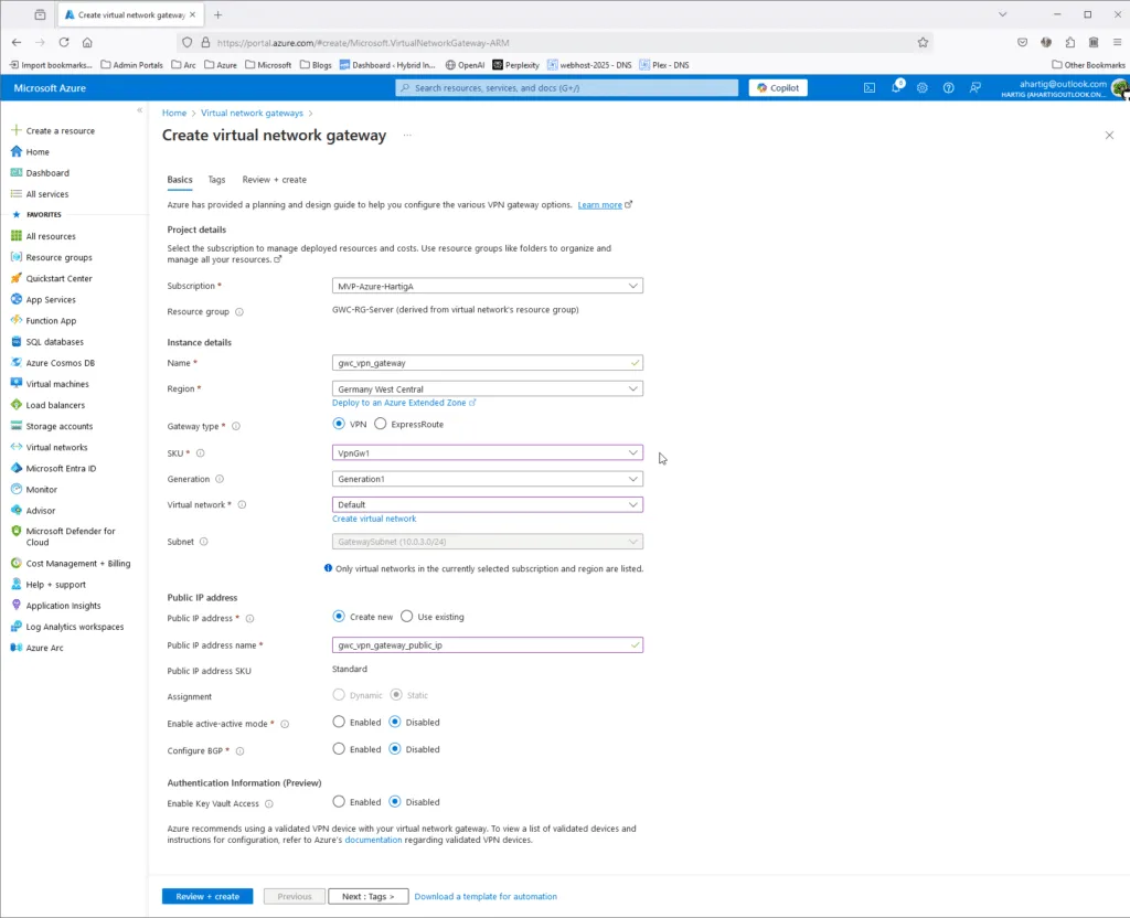 Create Azure Virtual Network Gateway (VPN Gateway)