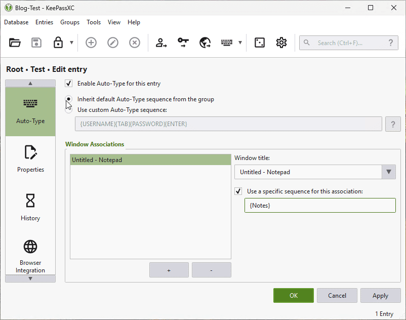 KeepassXC your config to enter the notes