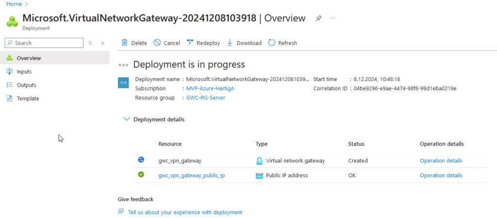 Azure Virtual Network Gateway - Deployment is in progress
