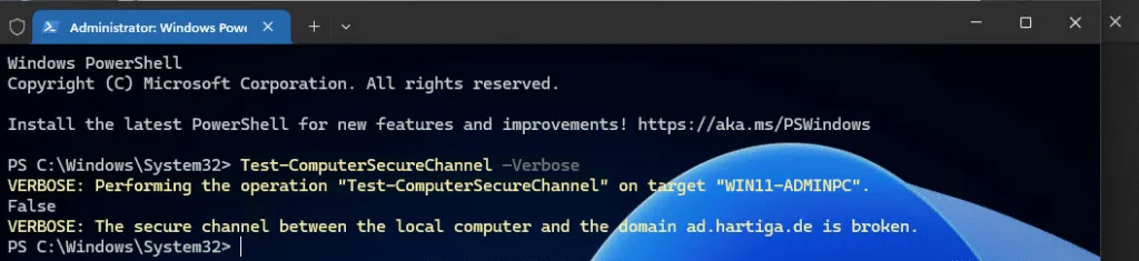 Test-ComputerSecureChannel –Verbose