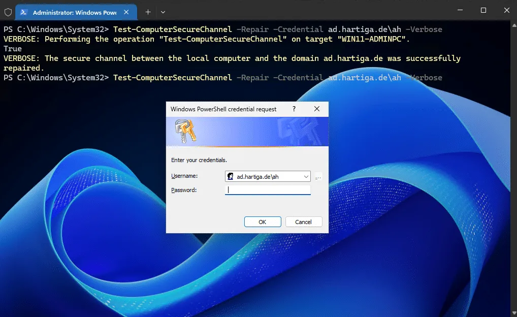 Test-ComputerSecureChannel -Repair