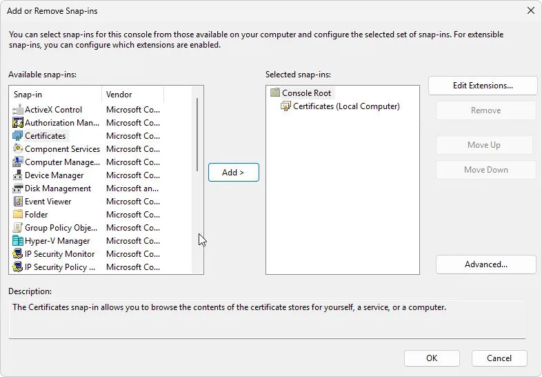 3. complete the MMC snaping configuration