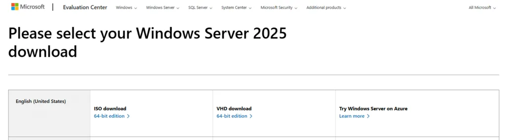 Select your Windows Server 2025 download