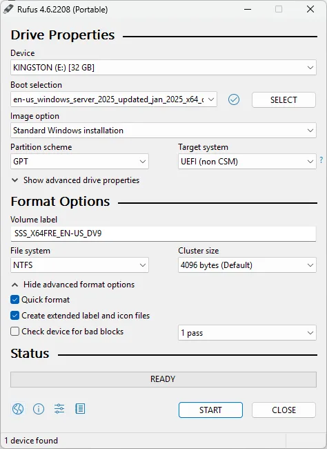 rufus 4.6p configured start screen to create a bootable USB Drive for Windows Server 2025