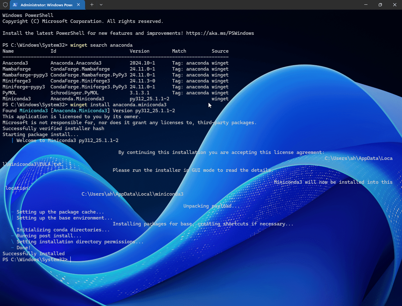 Install Miniconda 3 using Winget