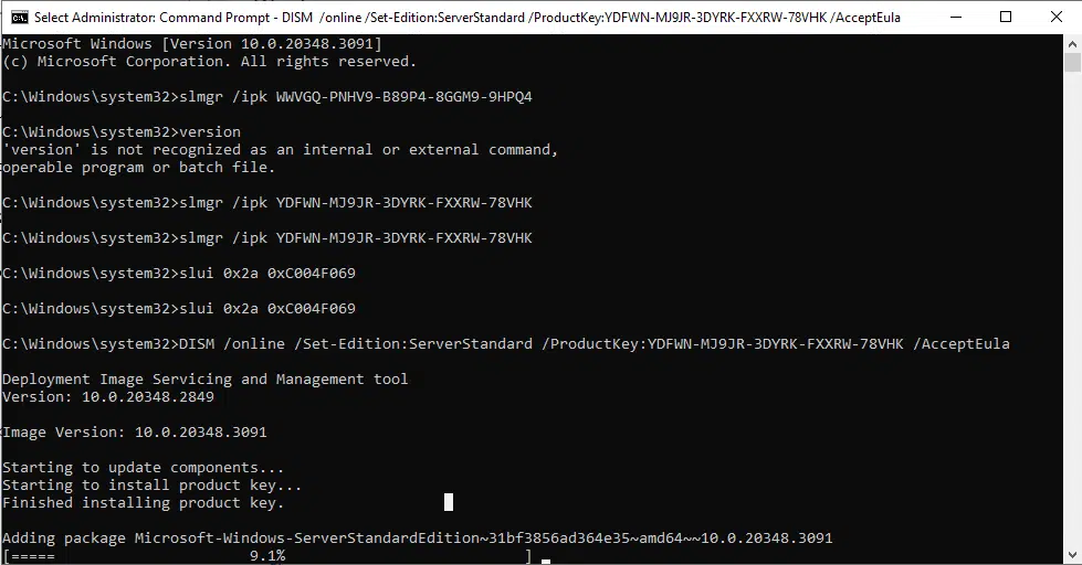 Running DISM with Product key