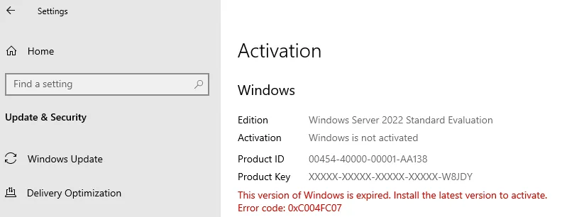 System Settings Error 0xC004FC07