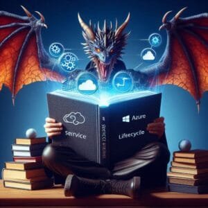 Azure Service Lifecycle and a dragon IT architect from the shadowrun world reading an ebook on a notebook without showing text on the book and with Azure icons on the book cover