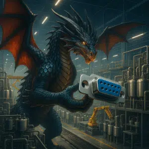 COM Port Management and a dragon IT architect from the shadowrun world looking at a com port and a manufacturing floor