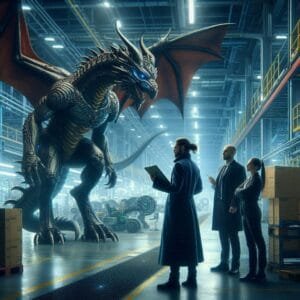 IT and OT and a dragon IT architect from the shadowrun world walking through a production plant taking notes without humans