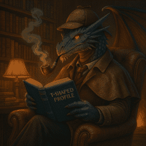 a dragon IT architect from the shadowrun world smoking a pipe with a sherlock holmes outfit in a comfortable chair smoking a pipe and reading a book labeled T Shaped Profile