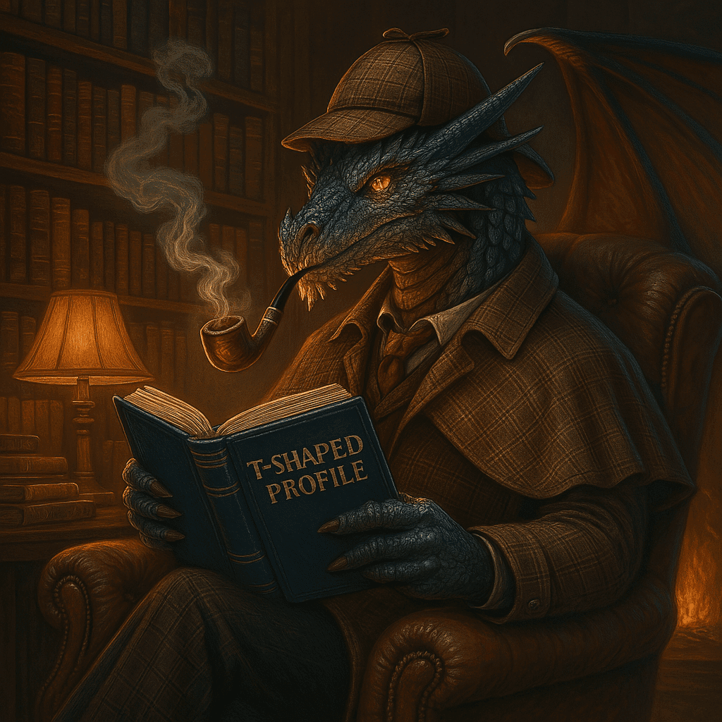 a dragon IT architect from the shadowrun world smoking a pipe with a sherlock holmes outfit in a comfortable chair smoking a pipe and reading a book labeled T Shaped Profile