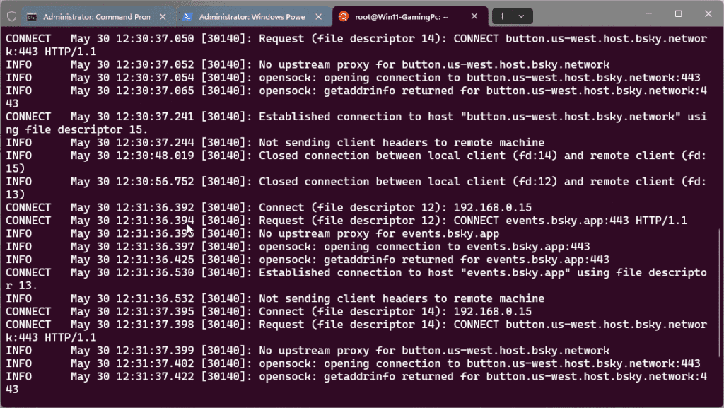 Remote SSH Session using Tail to check the logfile off the Linux VM with Tinyproxy
