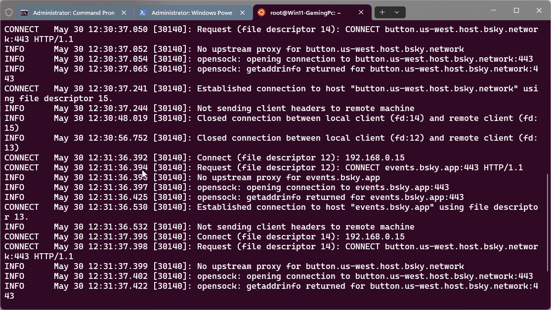 Remote SSH Session using Tail to check the logfile off the Linux VM with Tinyproxy