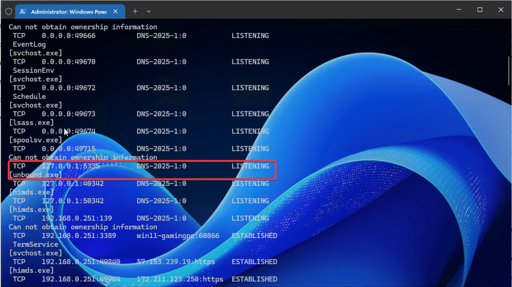 netstat ab showing unbound on windows running on port 5335