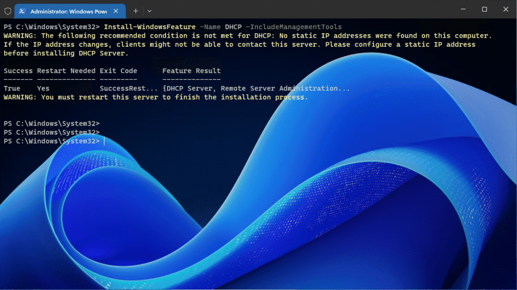 Installing DHCP using Powershell Finished
