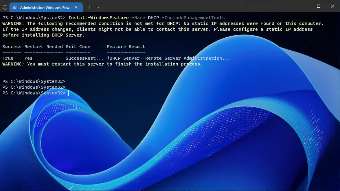Installing DHCP using Powershell Finished