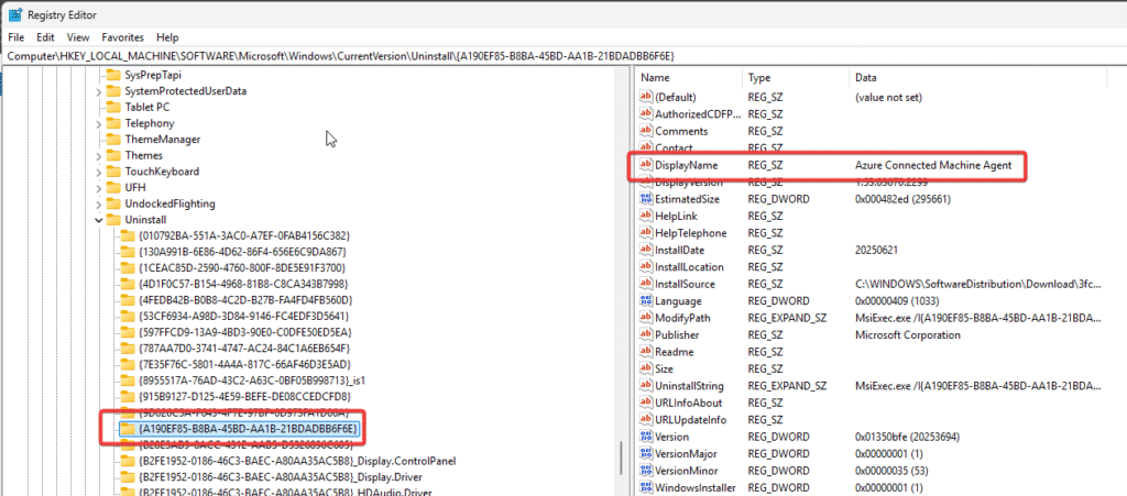Registry Key for GUID of Azure Arc Connected Machine Agent