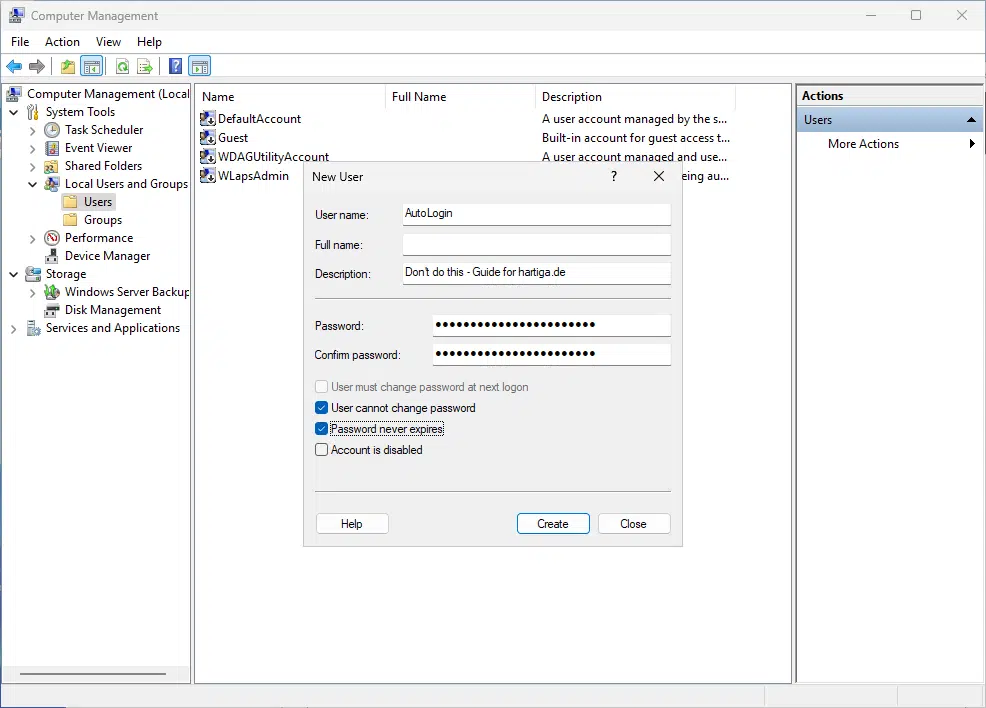 Create local user using the Computer Management MMC