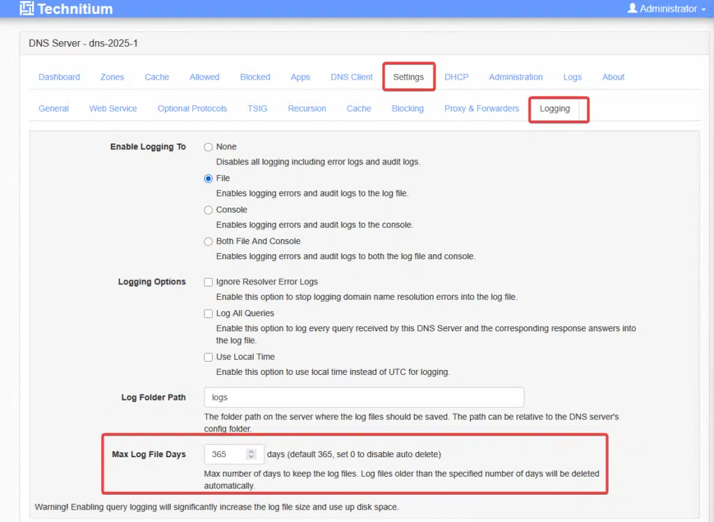 Max Log File Days Technitium