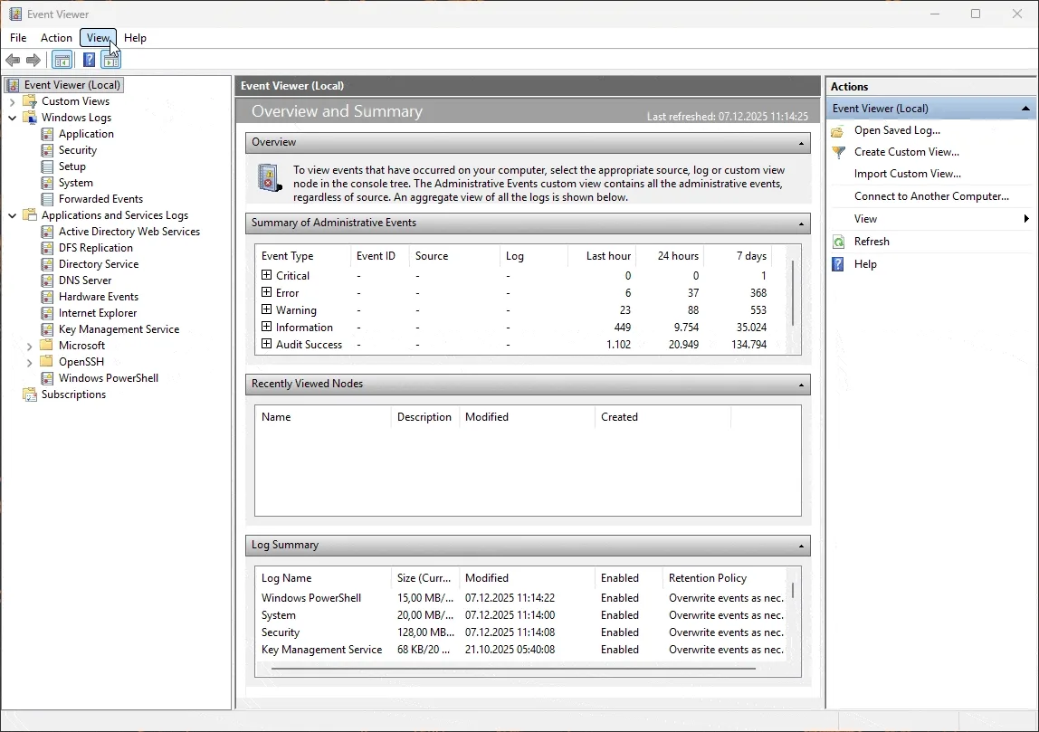 Windows Server Event Log - Enable Analytic and Debug Logfiles in Event Viewer